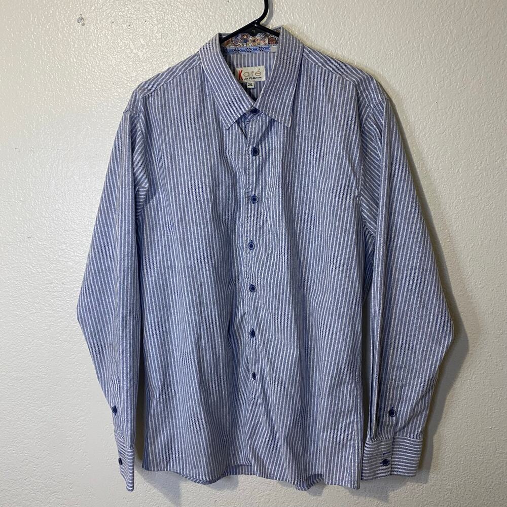Kafe Blue White Striped Button Down Floral Collar Size 2XL